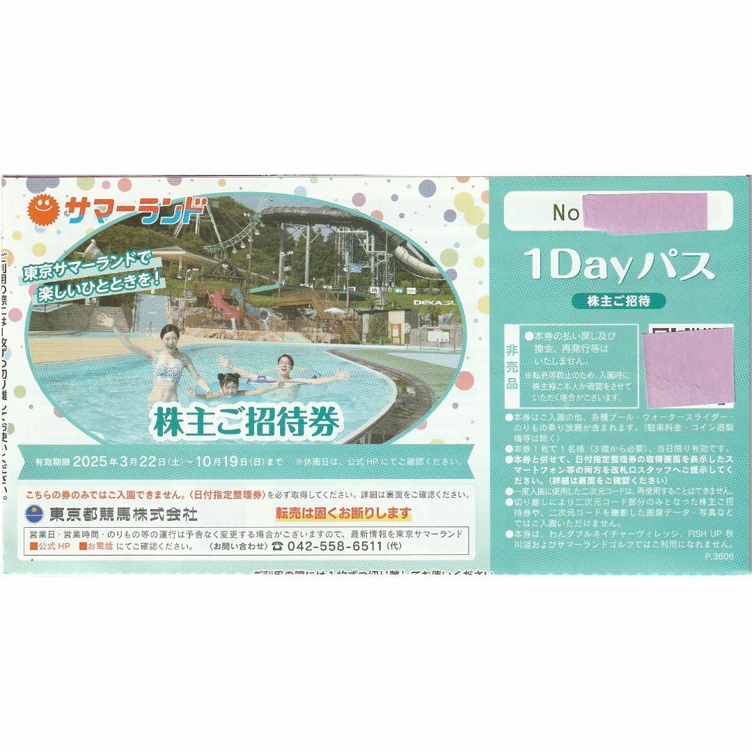 最新☆2枚・東京サマーランド株主ご招待券(夏期使用可)・送料 最新☆2枚・東京サマーランド株主ご招待券(夏期使用可)・送料