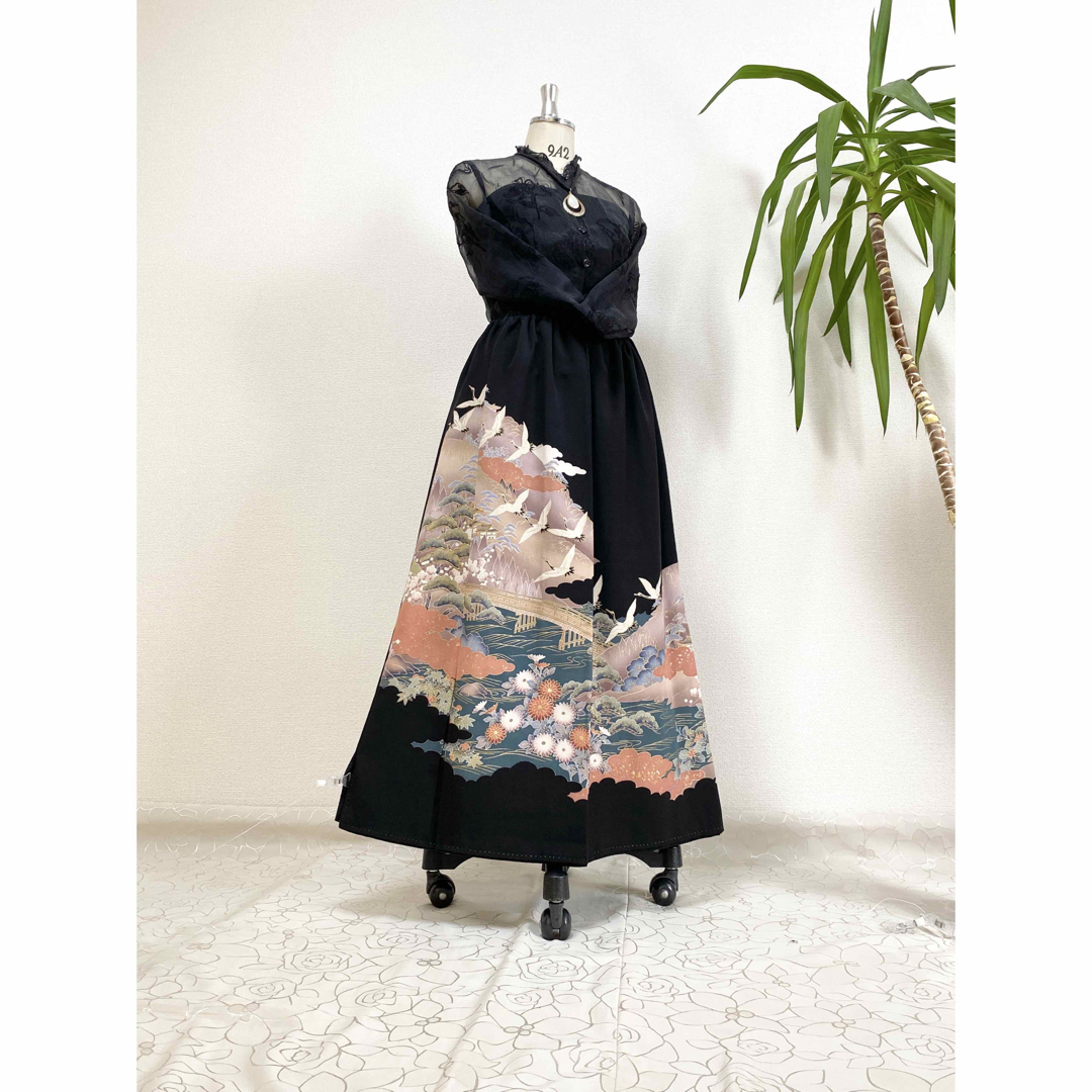 大人可愛いセレブ着物スカートフリーサイズ黒留袖着物リメイク 大人可愛いセレブ着物スカートフリーサイズ黒留袖着物リメイク
