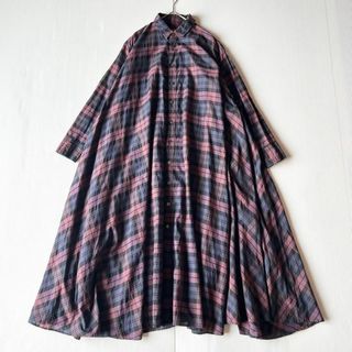 R&D.M.Co- チェック柄ロングシャツワンピース　コットン　シルク(ロングワンピース/マキシワンピース)