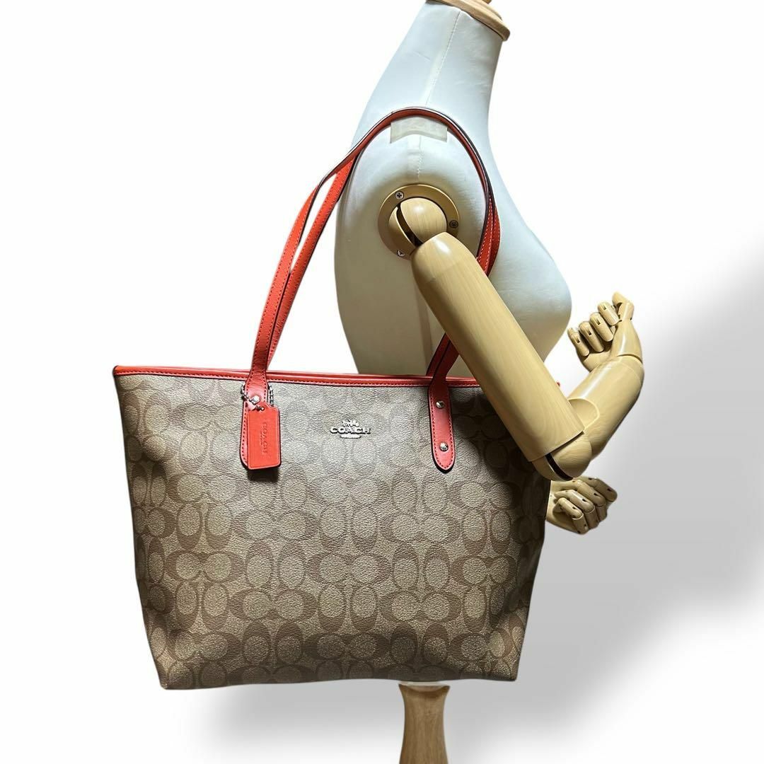良品 Coach トートバッグ シグネチャー ブラウン PVC レザー