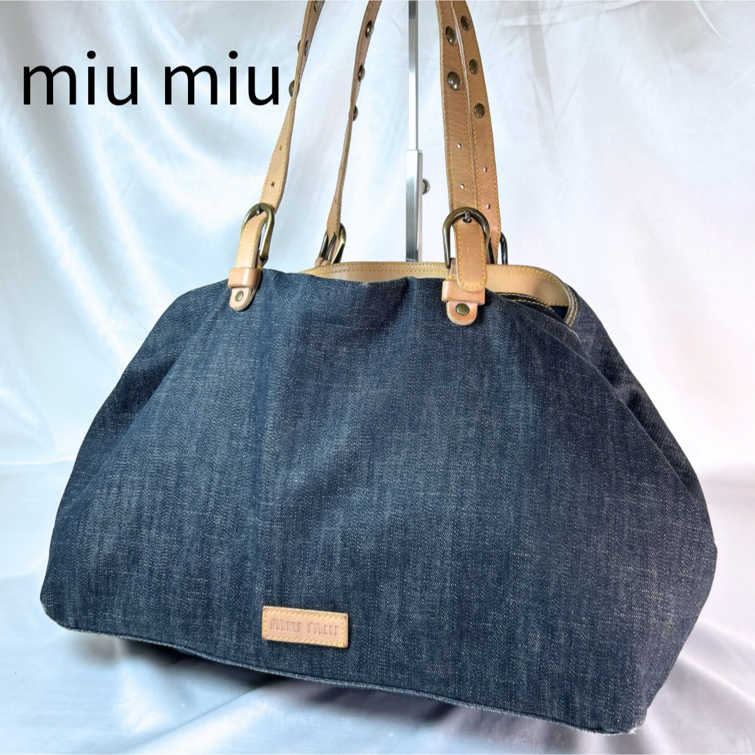 MIU MIU - ミュウミュウ トートバッグ デニム スタッズ ネイビー MIU MIU - ミュウミュウ トートバッグ デニム スタッズ ネイビー