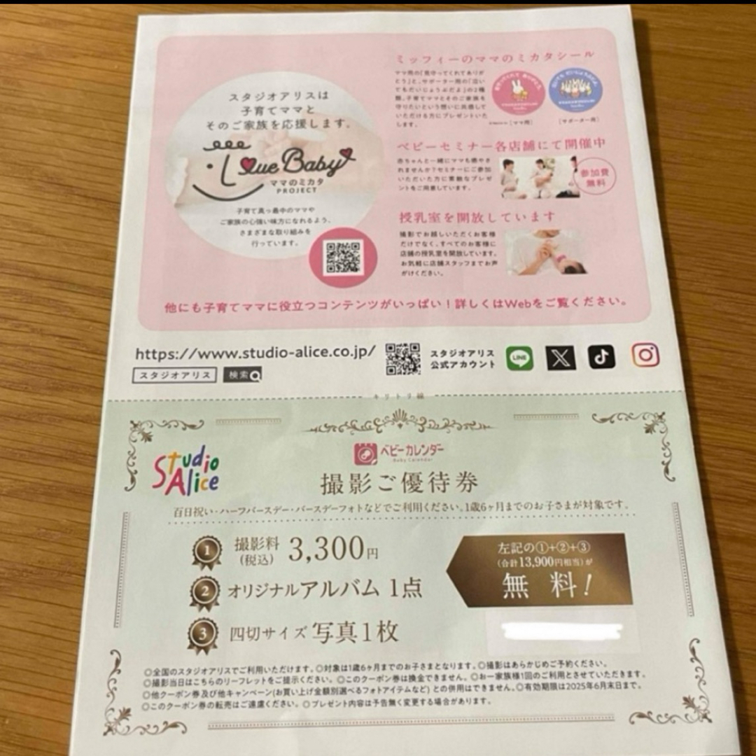 スタジオアリス 撮影無料券 オリジナルアルバム 1歳半 チケットの優待券/割引券(その他)の商品写真