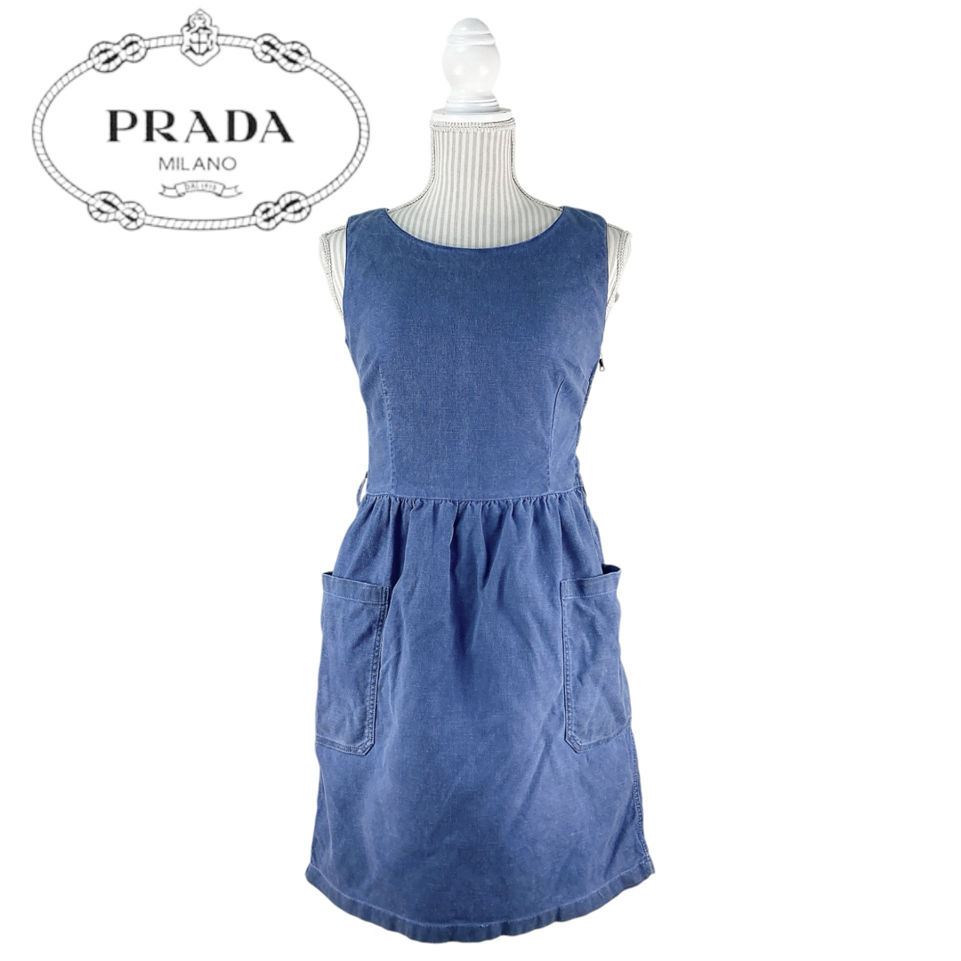 PRADA - 04T417☆ PRADA デニム ノースリーブ ひざ丈 ワンピース PRADA - 04T417☆ PRADA デニム ノースリーブ ひざ丈 ワンピース