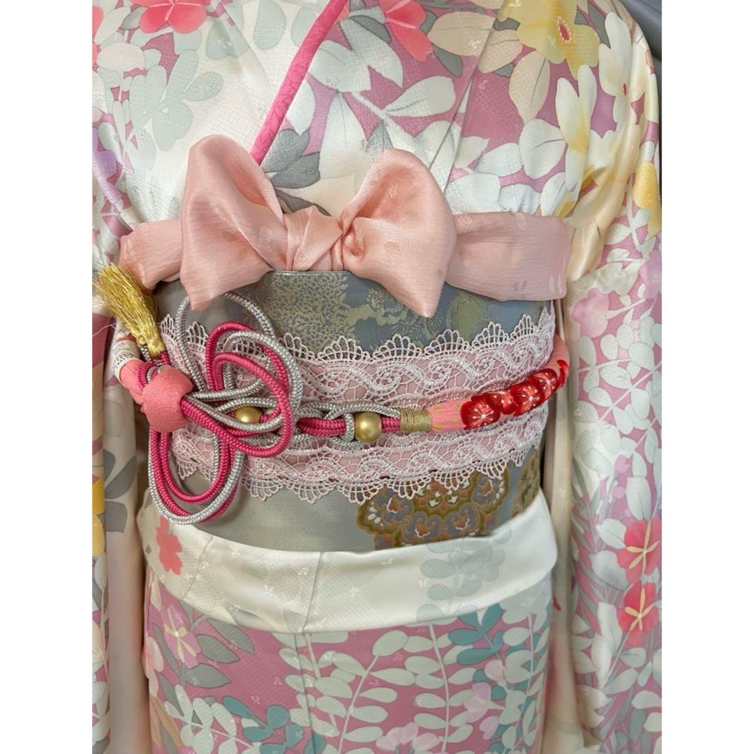 正絹振袖 ピンク花柄 帯小物一式付フルセット 白 和装小物 美品 正絹振袖 ピンク花柄 帯小物一式付フルセット 白 和装小物 美品