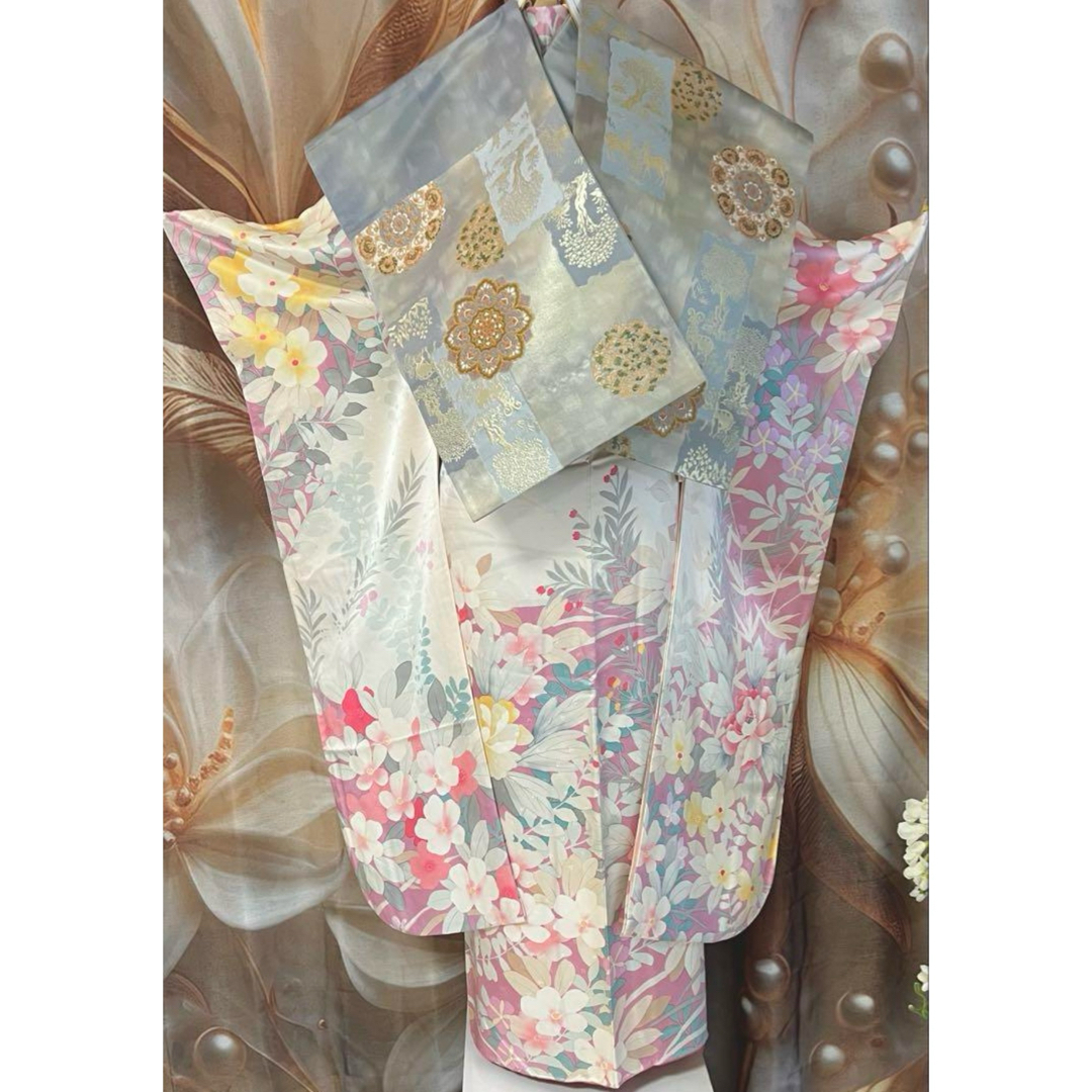 正絹振袖 ピンク花柄 帯小物一式付フルセット 白 和装小物 美品 正絹振袖 ピンク花柄 帯小物一式付フルセット 白 和装小物 美品