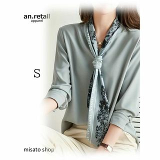 ★レディース 長袖ブラウス ネクタイディテール付き 春夏用ブラウス Sサイズ(シャツ/ブラウス(長袖/七分))