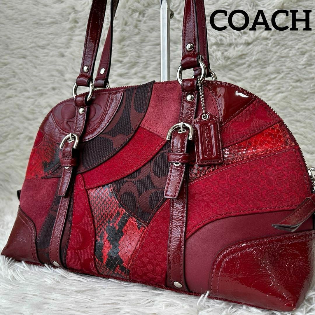 COACH - ◎Rare◎ COACH Python Patchwork ハンドバッグ 赤の COACH - ◎Rare◎ COACH Python Patchwork ハンドバッグ 赤の