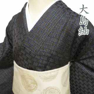 大島紬 着物 中古 正絹 袷 カジュアル 秋名バラ模様 黒茶色 青色 大島紬 着物 中古 正絹 袷 カジュアル 秋名バラ模様 黒茶色 青色