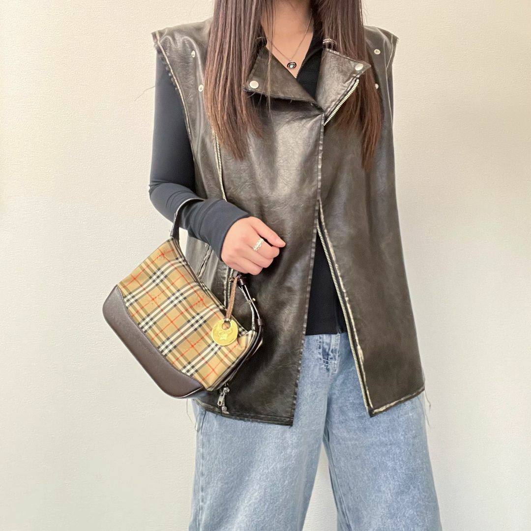 BURBERRY - BURBERRY　バーバリー　ノバチェック　ハンドバッグ　ショルダーバッグ　肩掛け　レザー　キャンバス　ベージュ　ヴィンテージ　レディース【中古美品】HIBUOCHI VINTAGE