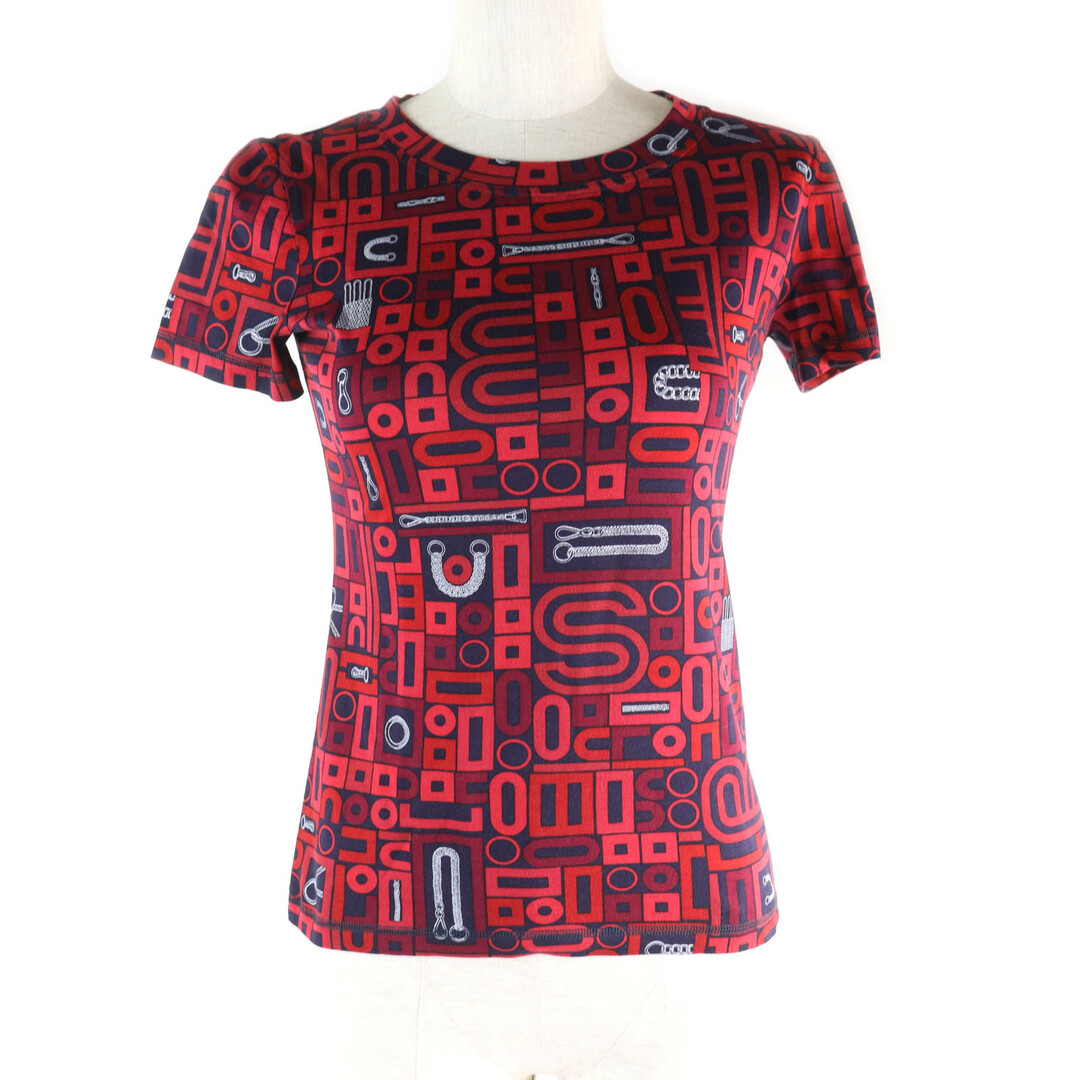 HERMES - 極美品★HERMES エルメス 20SS コットン100％ 総柄 クルーネック 半袖Ｔシャツ カットソー レッド ネイビー 34 フランス製 正規品 レディース