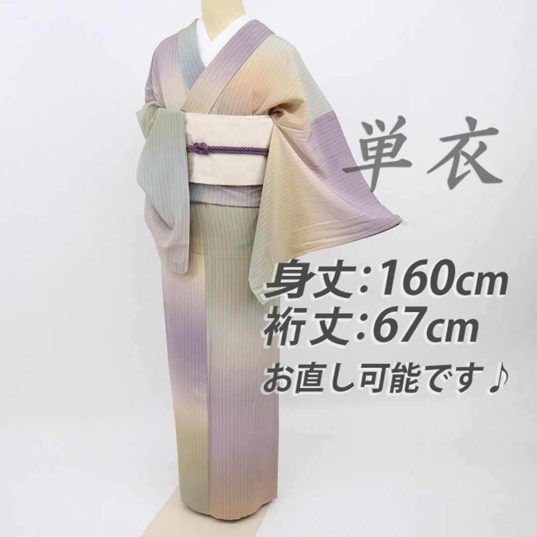 単衣◇涼感小紋□細やか縦縞に横段ぼかし□多色鳩羽鼠緑◇正絹 単衣◇涼感小紋□細やか縦縞に横段ぼかし□多色鳩羽鼠緑◇正絹
