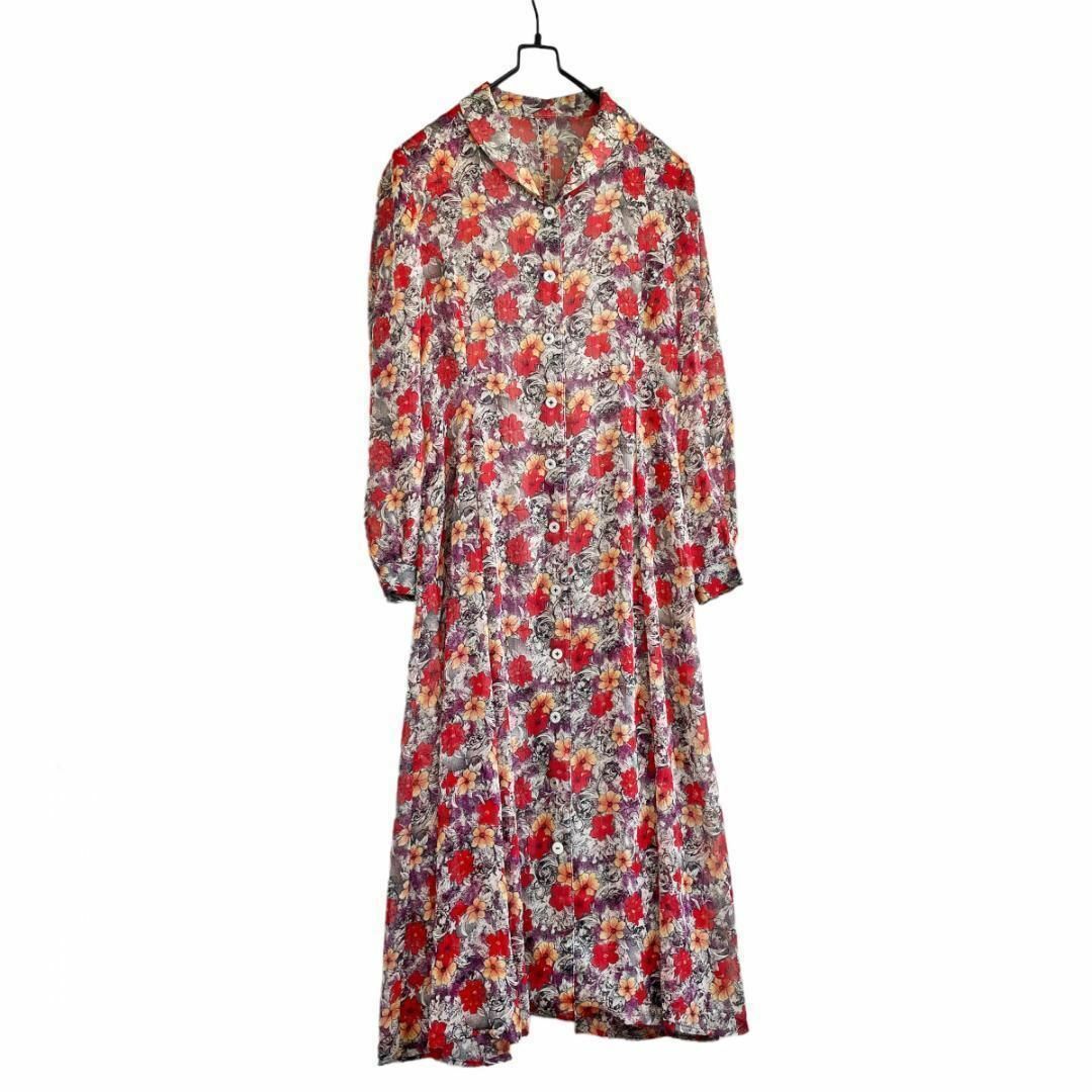 VINTAGE - ヴィンテージ 花柄 シアーロングワンピース 長袖 XL VINTAGE - ヴィンテージ 花柄 シアーロングワンピース 長袖 XL