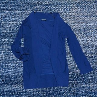 ライトオン(Right-on)の杢調/青ディープブルー長袖ラウンドカーディガン長めロング丈ロールアップ七分袖冷房(カーディガン)