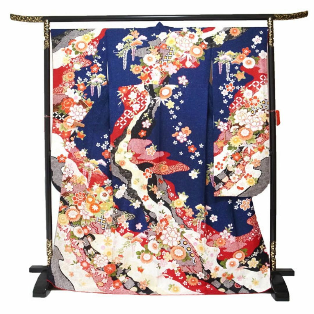 振袖 着物 袷 金駒刺繍 銀通 紺 ネイビー 裄68.5 L 中古 sn1070 振袖 着物 袷 金駒刺繍 銀通 紺 ネイビー 裄68.5 L 中古 sn1070