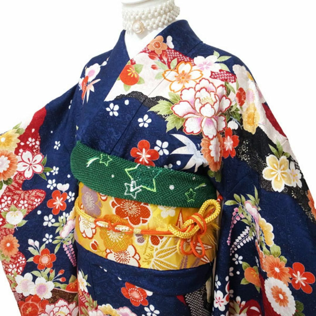 振袖 着物 袷 金駒刺繍 銀通 紺 ネイビー 裄68.5 L 中古 sn1070 振袖 着物 袷 金駒刺繍 銀通 紺 ネイビー 裄68.5 L 中古 sn1070
