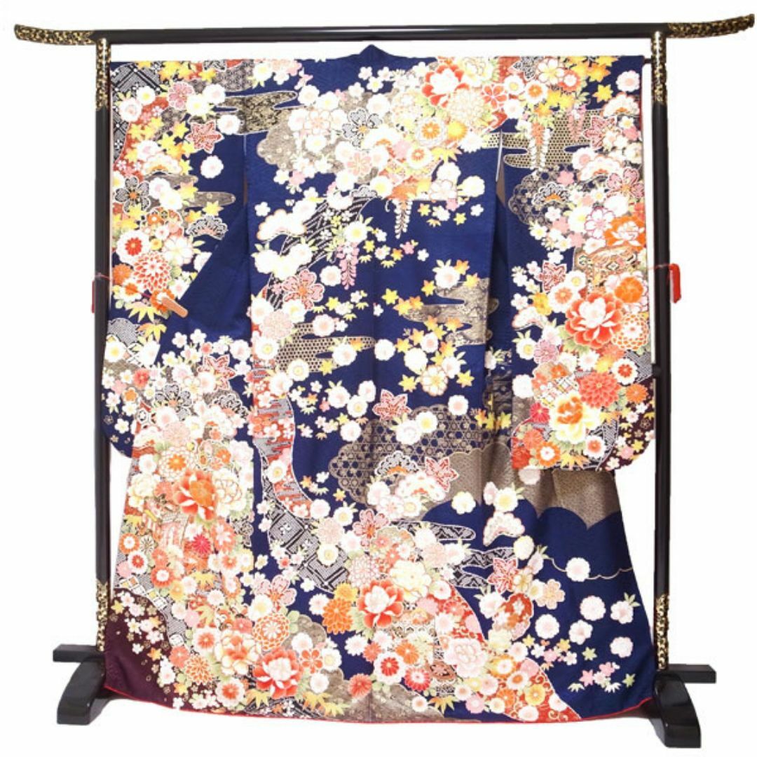 振袖 着物 袷 刺繍 金彩加工 紺 ネイビー 裄66.5 L 中古 sn1072 振袖 着物 袷 刺繍 金彩加工 紺 ネイビー 裄66.5 L 中古 sn1072