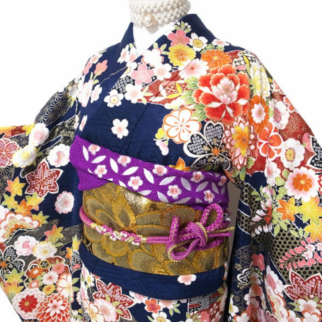 振袖 着物 袷 刺繍 金彩加工 紺 ネイビー 裄66.5 L 中古 sn1072 振袖 着物 袷 刺繍 金彩加工 紺 ネイビー 裄66.5 L 中古 sn1072