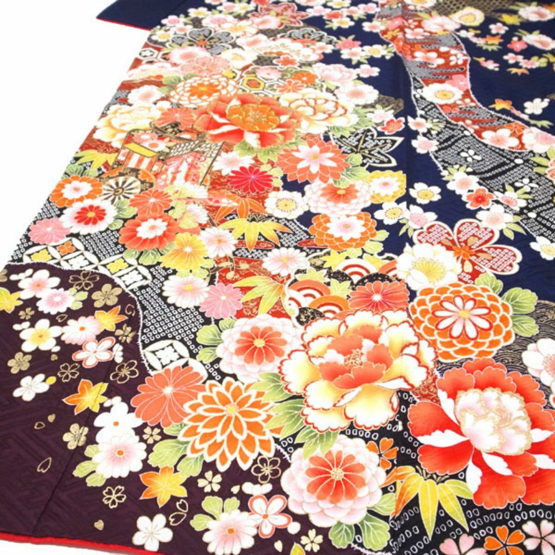 振袖 着物 袷 刺繍 金彩加工 紺 ネイビー 裄66.5 L 中古 sn1072 振袖 着物 袷 刺繍 金彩加工 紺 ネイビー 裄66.5 L 中古 sn1072