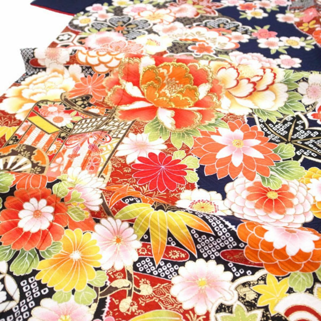 振袖 着物 袷 刺繍 金彩加工 紺 ネイビー 裄66.5 L 中古 sn1072 振袖 着物 袷 刺繍 金彩加工 紺 ネイビー 裄66.5 L 中古 sn1072