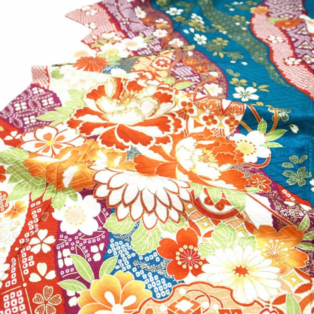 振袖 着物 刺繍 青緑 ターコイズグリーン 裄67.5 L 中古 sn1075