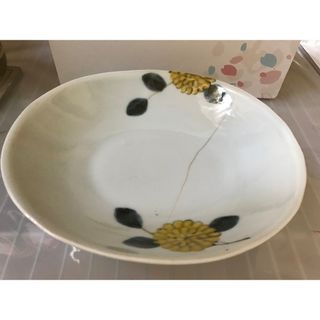 九谷青窯　徳永遊心さん　色絵菊　楕円鉢　訳アリ(食器)