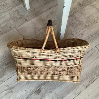 ラタンバスケット 赤黒装飾付き フランス アンティーク　(バスケット/かご)