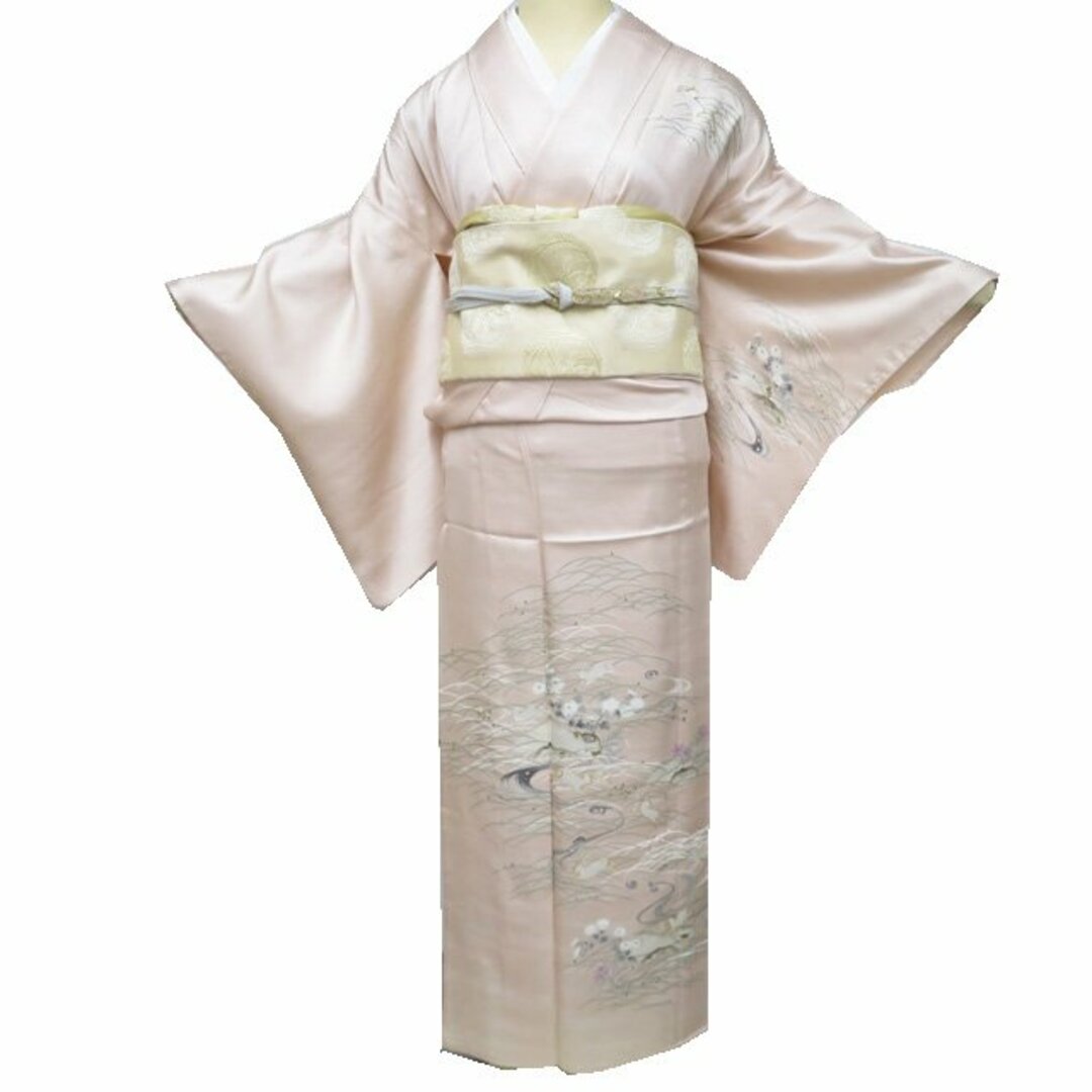 付下げ 付け下げ 訪問着 着物 中古 単衣 紋付き 金駒刺繍 芝草に 付下げ 付け下げ 訪問着 着物 中古 単衣 紋付き 金駒刺繍 芝草に