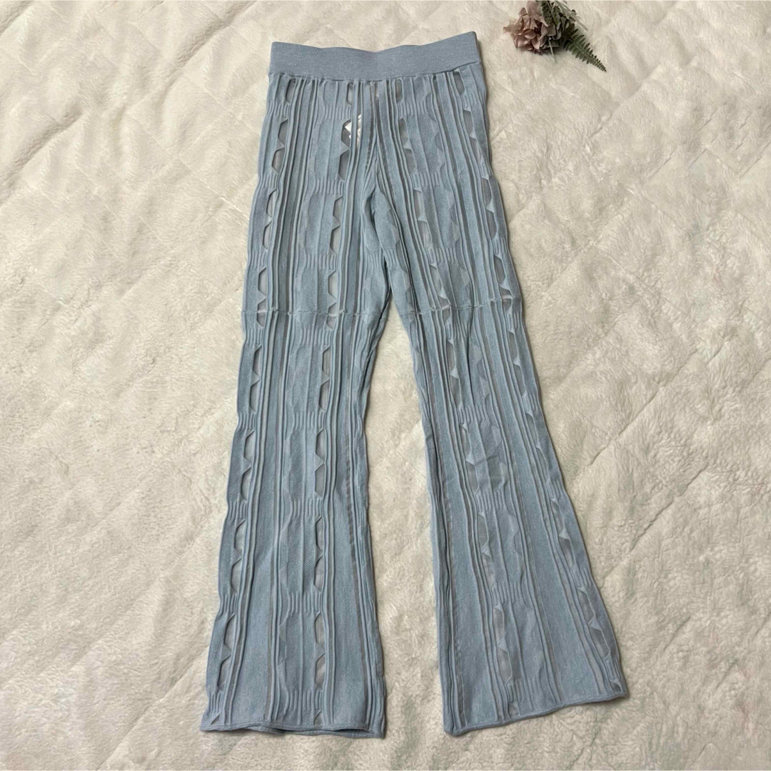 Ameri VINTAGE(アメリヴィンテージ)の別注Ameriアメリヴィンテージ　シアージオメトリックニットパンツMブルー レディースのパンツ(カジュアルパンツ)の商品写真