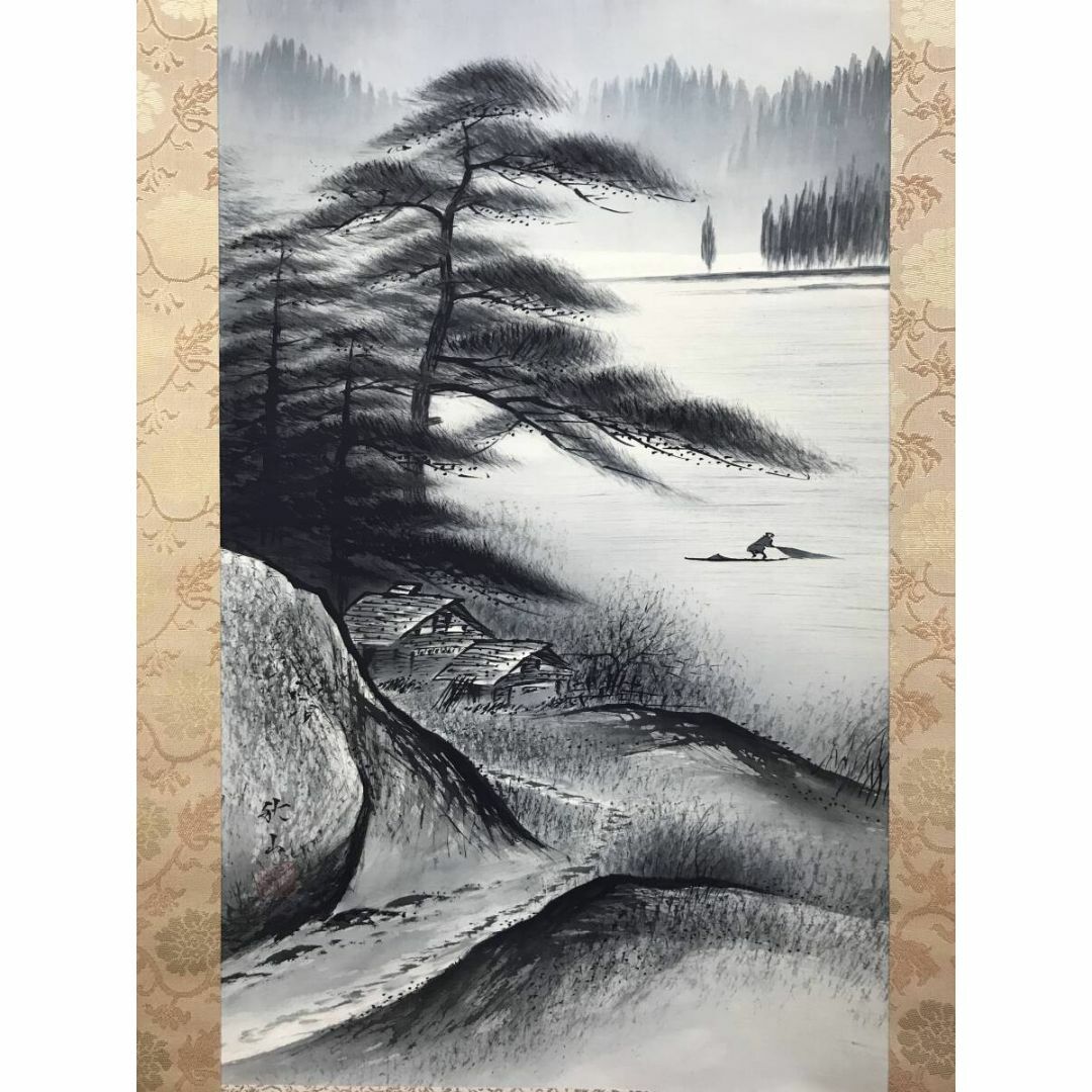 真作/秋山筆/水墨山水図/山水図/青墨山水図/江山漁舟/掛軸☆宝船 真作/秋山筆/水墨山水図/山水図/青墨山水図/江山漁舟/掛軸☆宝船