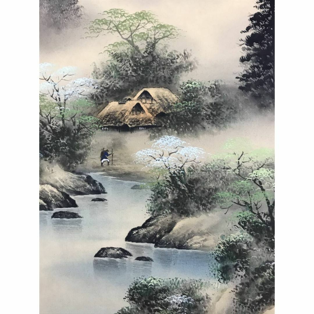 真作/草風筆/彩色山水図/山水人物図/山水図/掛軸☆宝船☆AF-401 真作/草風筆/彩色山水図/山水人物図/山水図/掛軸☆宝船☆AF-401