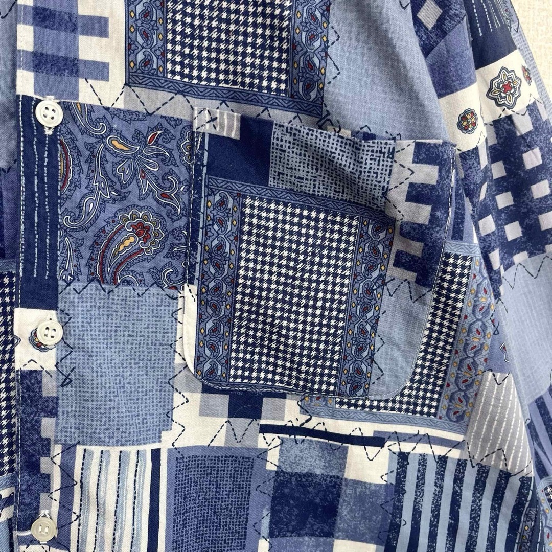 1点物 総柄シャツ 柄シャツ 長袖 ブルー パッチワーク風 L 個性 1点物 総柄シャツ 柄シャツ 長袖 ブルー パッチワーク風 L 個性