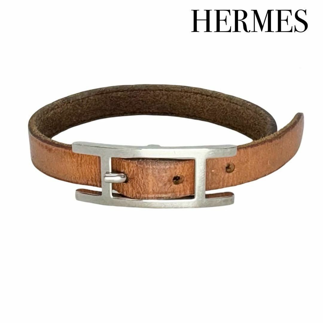 HERMES - HERMES アピ3 レザー シルバー ブレスレット HERMES - HERMES アピ3 レザー シルバー ブレスレット