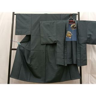 平和屋着物■男性　本場大島紬　アンサンブル　幾何学文様　羽裏：富士山　正絹　逸品　BAAQ4675du
