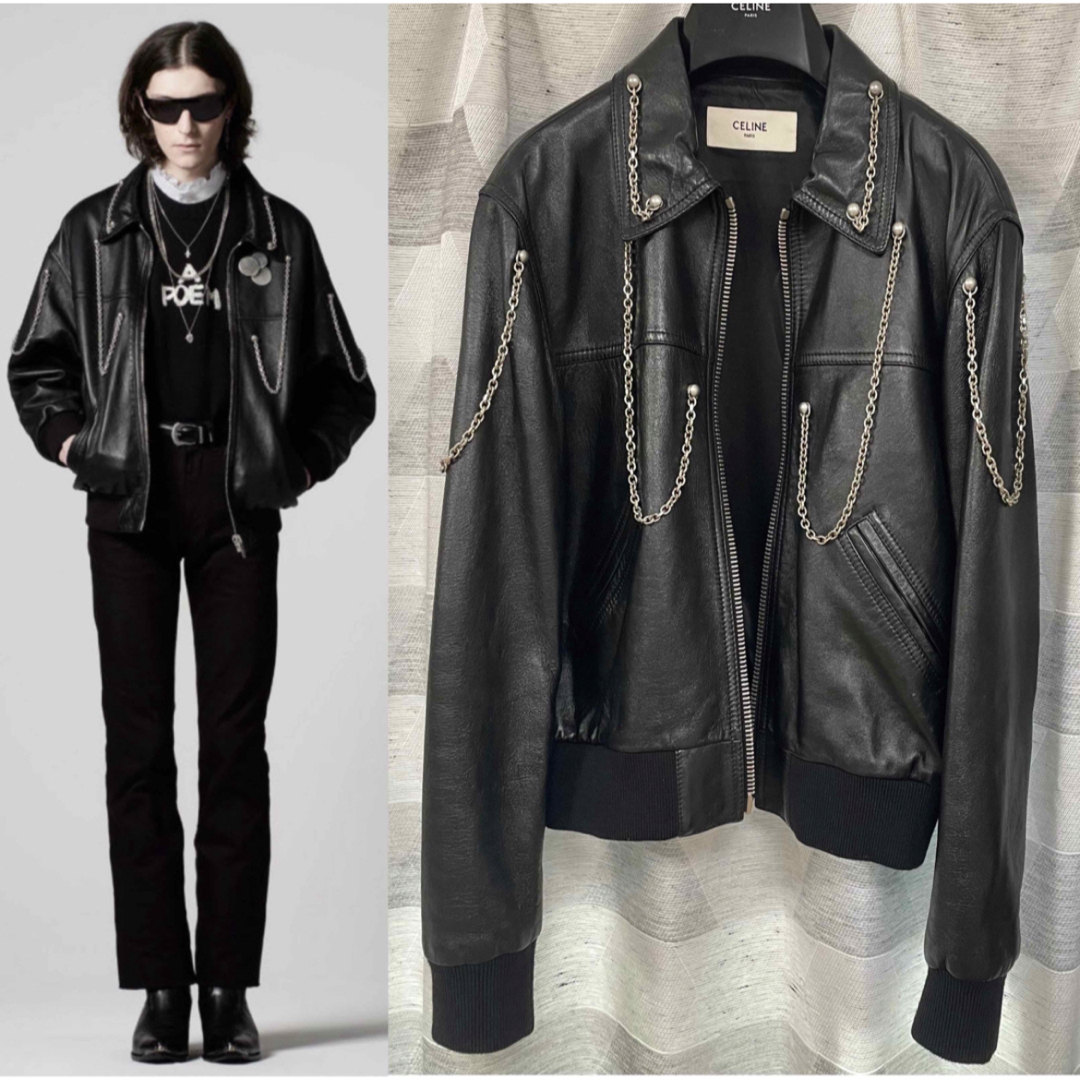 CELINE - 21AW Celine チェーン装飾 シングルレザージャケット CELINE - 21AW Celine チェーン装飾 シングルレザージャケット
