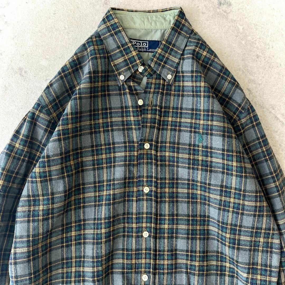 90s ポロ ラルフローレン L ウール チェック ネルシャツ 緑 90s ポロ ラルフローレン L ウール チェック ネルシャツ 緑