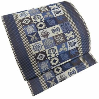 袋帯 雪輪に花模様 宝尽くし 横縞模様 錫紵色 金銀糸 O-4787の 袋帯 雪輪に花模様 宝尽くし 横縞模様 錫紵色 金銀糸 O-4787の