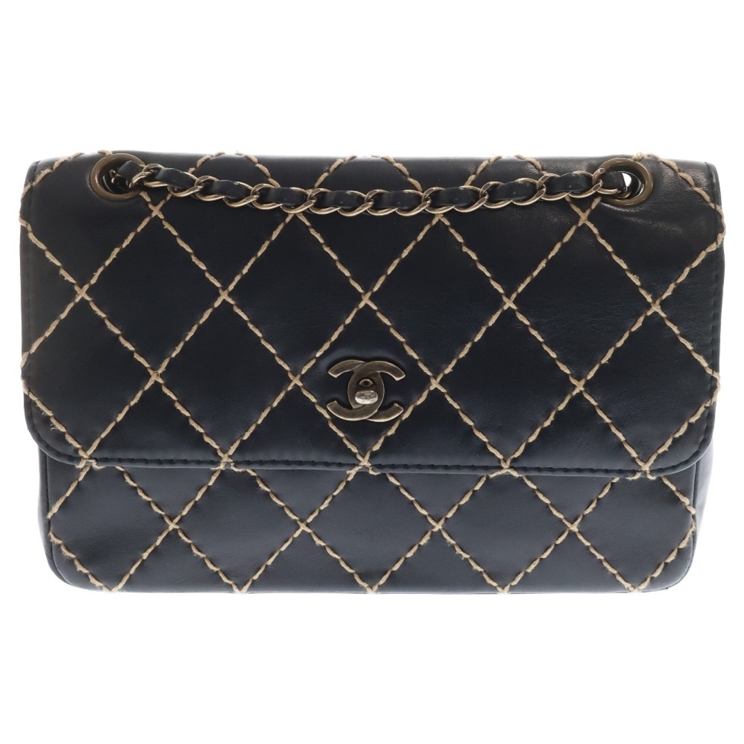 CHANEL - CHANEL シャネル ワイルドステッチ チェーンショルダーバッグ 斜め掛けバッグ 肩掛けバッグ ブラック ゴールド金具 レザー カーフ ヴィンテージ