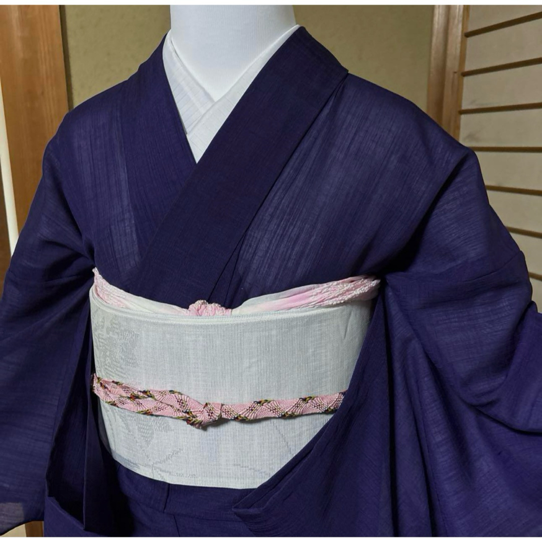 高級化繊紗紬風色無地フルセット4点 美品着物+正絹絽夏帯+夏 高級化繊紗紬風色無地フルセット4点 美品着物+正絹絽夏帯+夏