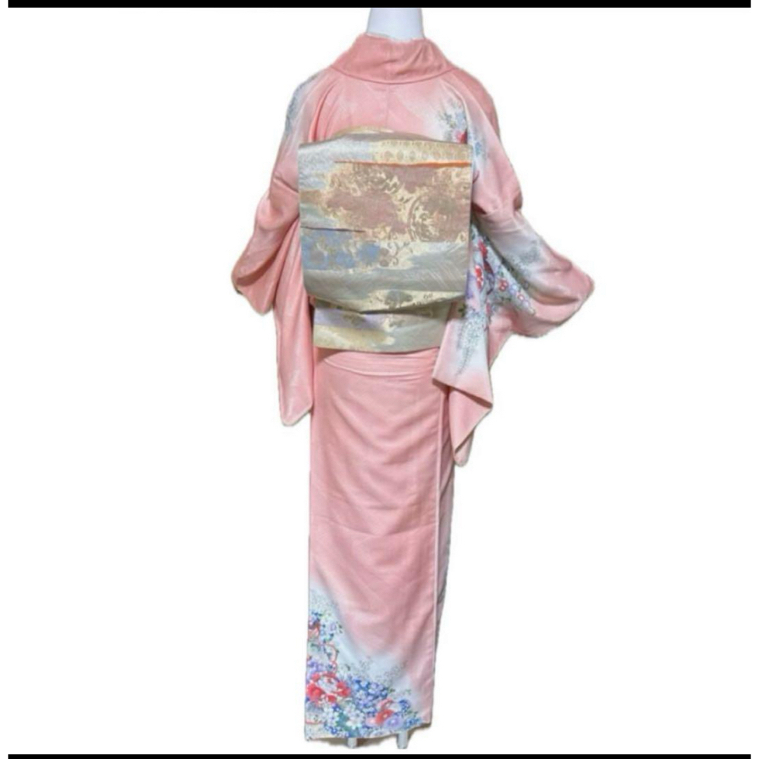 化繊シルクタッチ訪問着フルセット4点 美品着物+正絹特選袋帯+美 化繊シルクタッチ訪問着フルセット4点 美品着物+正絹特選袋帯+美