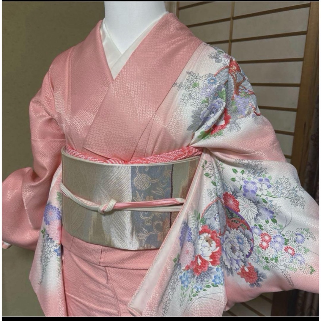 化繊シルクタッチ訪問着フルセット4点 美品着物+正絹特選袋帯+美 化繊シルクタッチ訪問着フルセット4点 美品着物+正絹特選袋帯+美