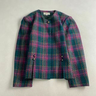 VINTAGE - ヴィンテージ　ノーカラージャケット　ツイード　チェック　レトロ　ショート丈　緑　