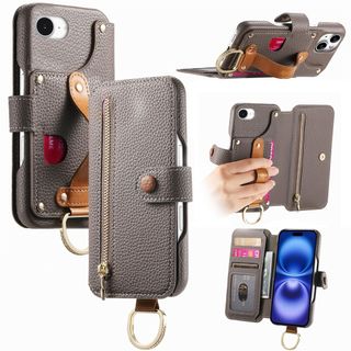 グレー　iPhone16e 用ケース 手帳型 小物入れ RFID磁気防止(iPhoneケース)