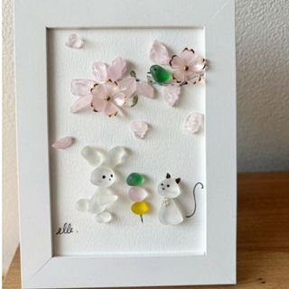 《値下げ》シーグラスアート 桜 うさぎ 猫 ウグイス ビーチグラス 花見(アート/写真)