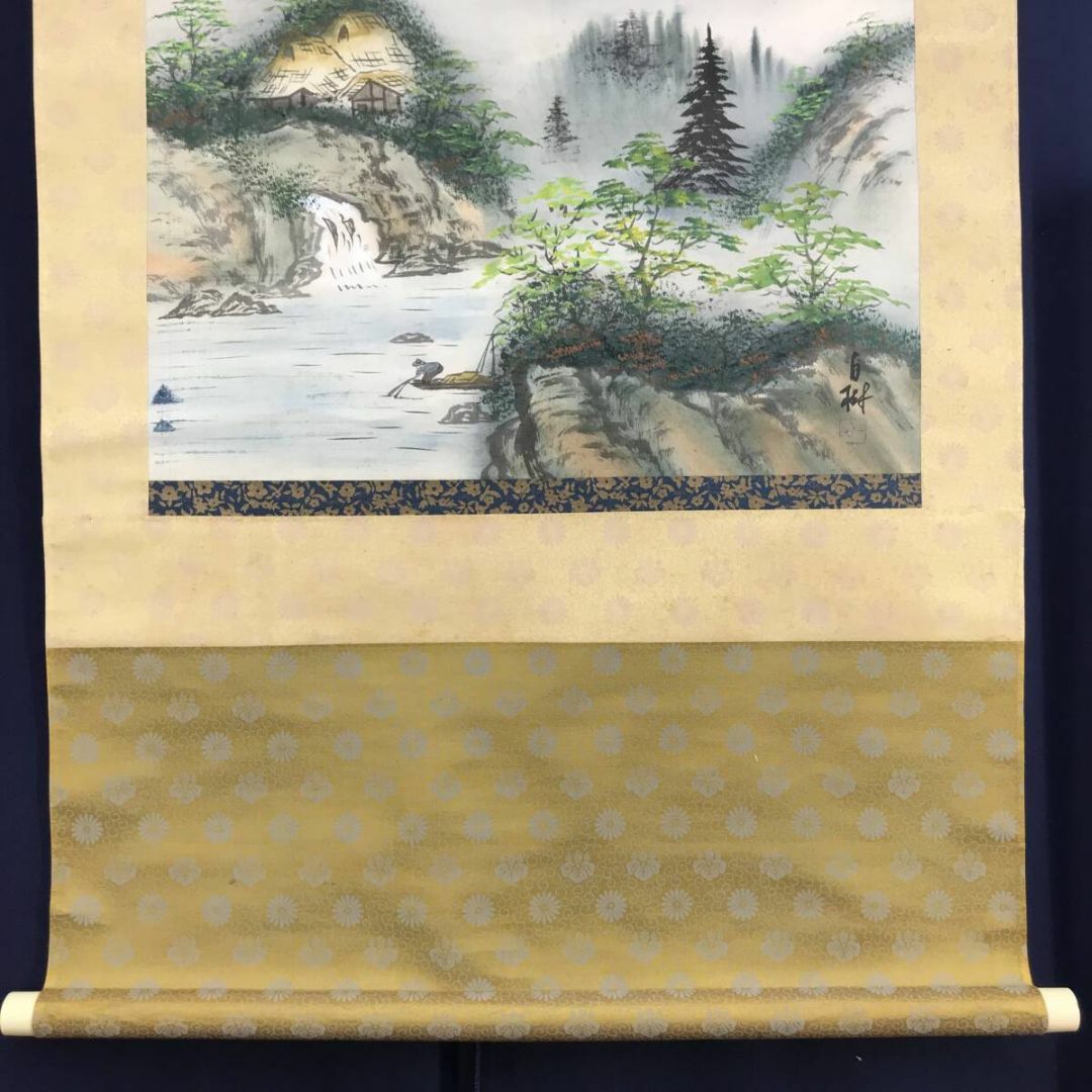 真作/白樹/彩色山水図/山家漁舟図/山水図/漁師/横物/掛軸☆宝船 真作/白樹/彩色山水図/山家漁舟図/山水図/漁師/横物/掛軸☆宝船