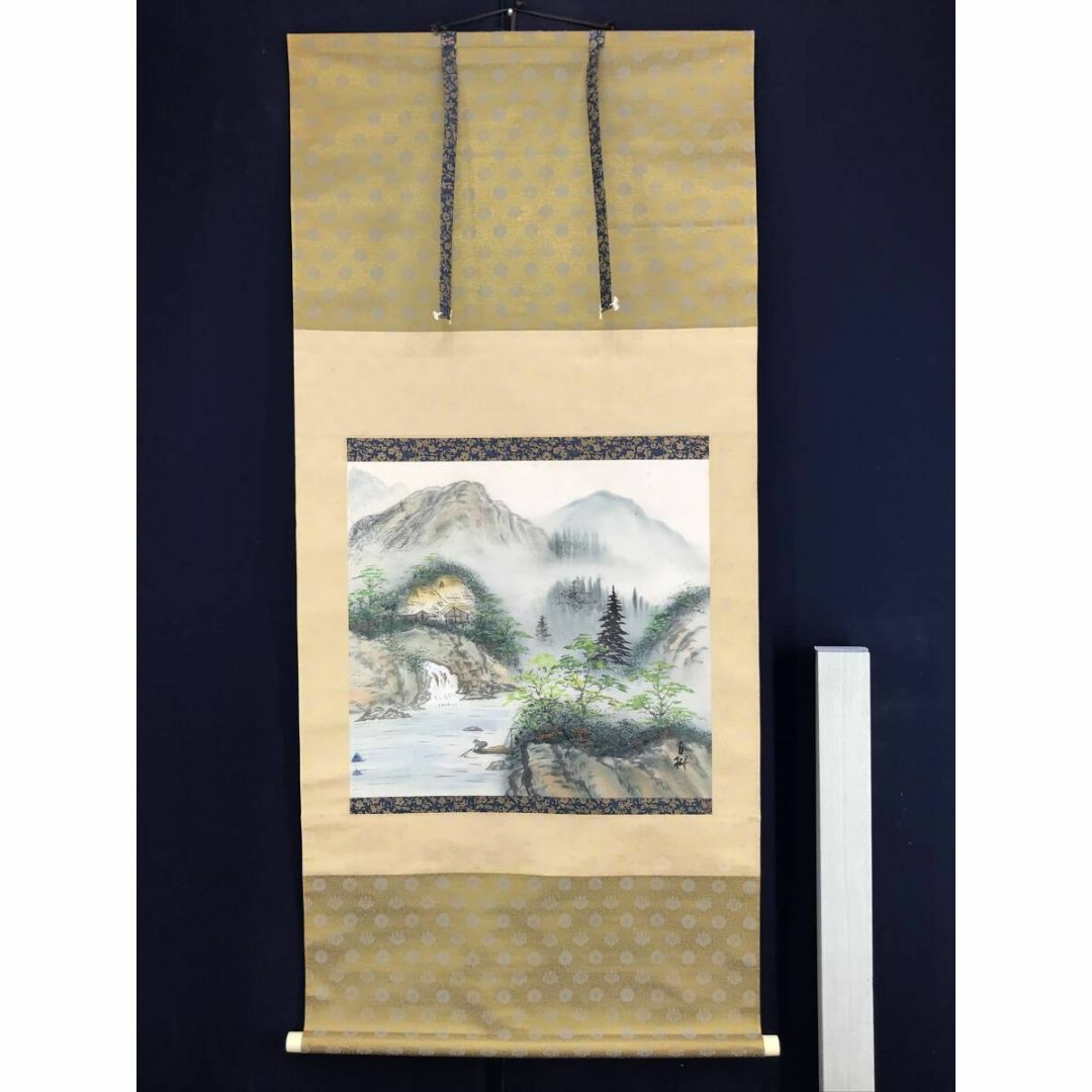 真作/白樹/彩色山水図/山家漁舟図/山水図/漁師/横物/掛軸☆宝船 真作/白樹/彩色山水図/山家漁舟図/山水図/漁師/横物/掛軸☆宝船
