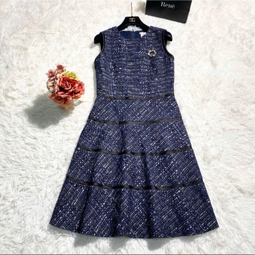 René - 美品✨Rene シルク混ツイード 膝丈 ティアードワンピース René - 美品✨Rene シルク混ツイード 膝丈 ティアードワンピース