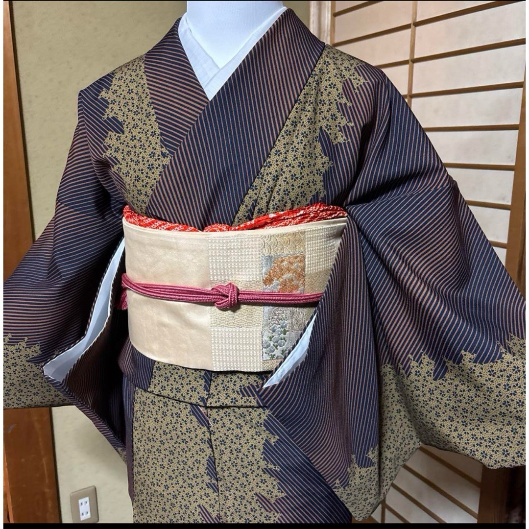 洗えるちりめん小紋フルセット4点 袷 洗える着物 名古屋帯付き 裄70
