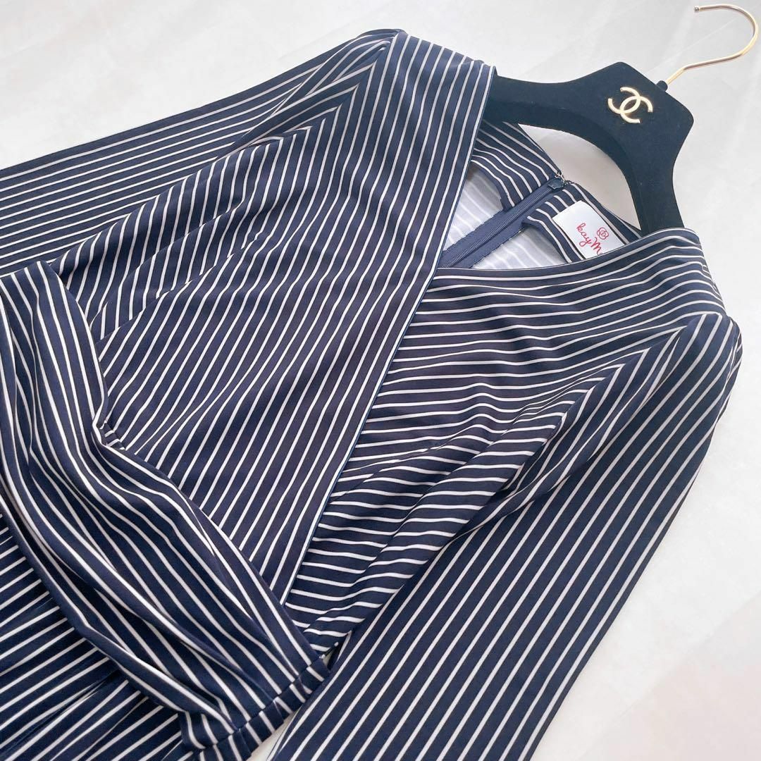 美品✨kayme ケイミー ネイビーストライプ パイピングワンピース