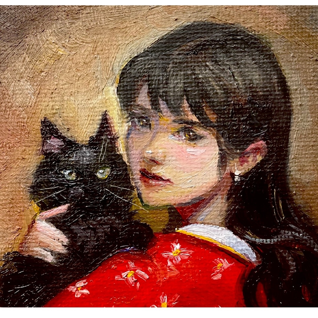 女性と黒猫 油絵 ミニ絵画 オリジナル 原画の通販 by meari's 女性と黒猫 油絵 ミニ絵画 オリジナル 原画の通販 by meari's