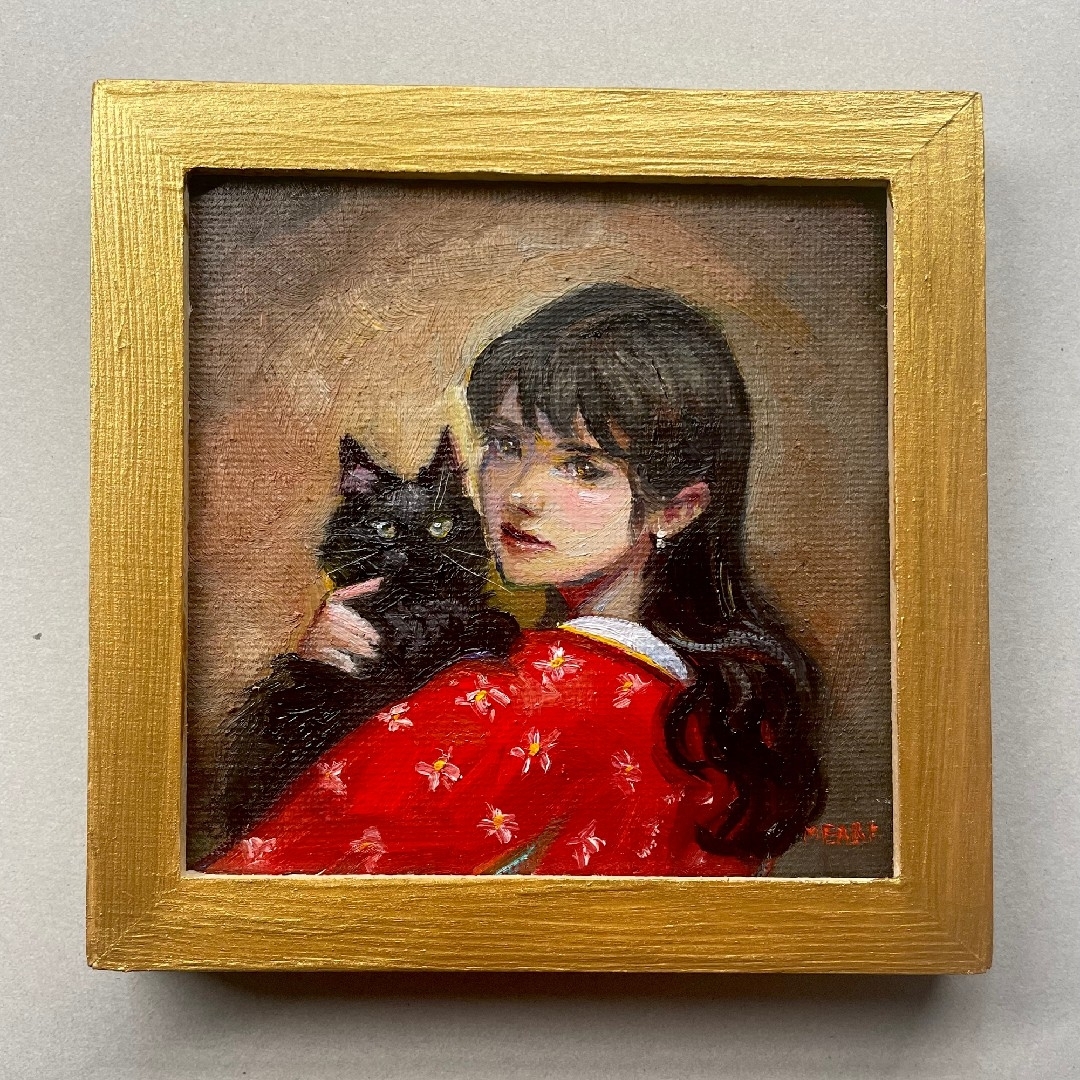 女性と黒猫 油絵 ミニ絵画 オリジナル 原画の通販 by meari's 女性と黒猫 油絵 ミニ絵画 オリジナル 原画の通販 by meari's
